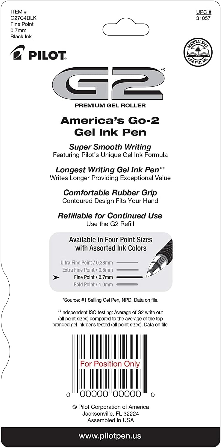 Pilot G2 Gel Pens 0.7mm – Black, 4 Pack