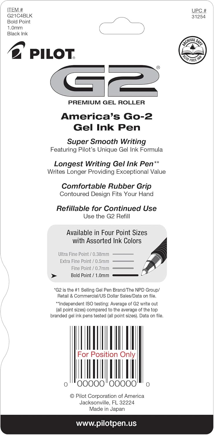Pilot G2 Gel Pens 1mm – Black, 4 Pack