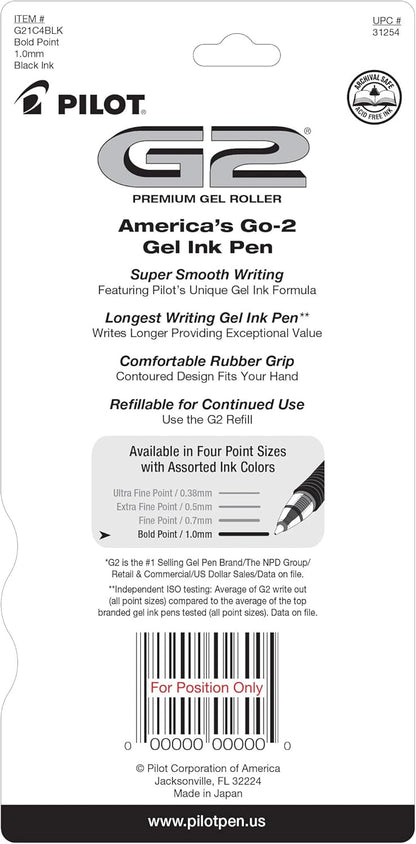 Pilot G2 Gel Pens 1mm – Black, 4 Pack